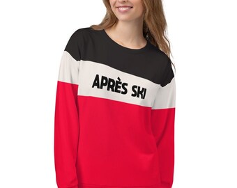 Apres ski sweater, Vintage Ski Sweatshirt Black Red Color Block Women Skiing Skier Snow 80s 90s Retro Winter Striped Pullover Men Crewneck