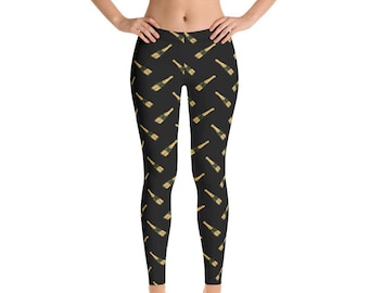 Champagne Bottle Print Leggings, Printed Yoga Pants, Running Black Pants, Party Workout Bride, Bridesmaid Leggings for Women Plus Size