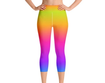 Rainbow Leggings, Tie Dye Yellow Purple Ombre, Yoga Pants, Printed Colorful Pop Art, workout Women leggings, High Waist Capri with Pocket