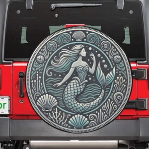 Mermaid Spare Tire Cover, Ocean Coral Sea Shells Backup Camera Hole Back Rear Wheel Accessories Custom Unique Design Trailer Camper RV Car