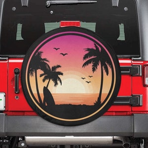 Beach Spare Tire Cover, Sunset Palm Trees Backup Camera Hole Rear Wheel Accessories Sun Tropical  Hawaiian Unique Trailer Camper RV Back