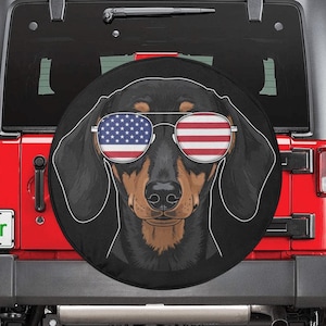 Dachshund Dog American Flag Spare Tire Cover,  Puppy Sunglasses Cool Backup Camera Hole Wheel Unique RV Back Cars Men Women Trailer Campers