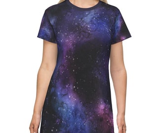 Galaxy Space T Shirt Dress Femmes, Constellation Cosmic Stars Purple Print Universe Celestial Party Rave Festival Girls Tee Ladies