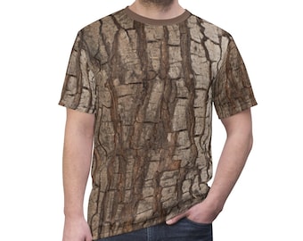 Real Tree  Bark Print Shirt, Camo Costume Men Adult Wood Trunk Nature Forest Hunting Camouflage Halloween Cosplay Women Tee
