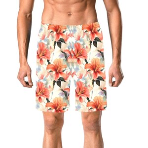 Tropical Men Swim Trunks, Hawaiian Flowers Floral Mid Length Shorts Beach Swimwear Male Back Pockets Mesh Lining Drawstring Bathing Suit