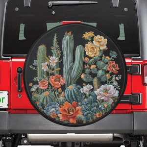 サボテンの花柄スペアタイヤカバー、多肉植物の花のフェイク刺繍リアエクストラバックアップカメラホールホイールユニークRVバックカーRVトレーラーキャンピングカー