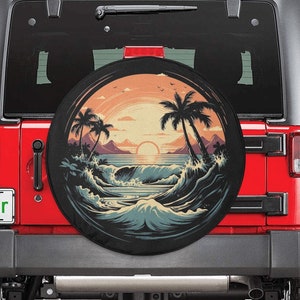 Beach Spare Tire Cover, Sunset Backup Camera Hole Rear Wheel Accessories Sun Tropical Palm Trees Waves Custom Unique Trailer Camper RV Back