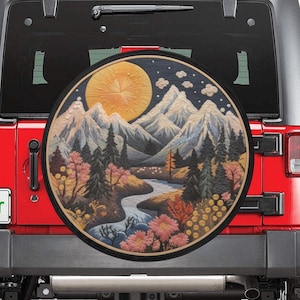 Blumen Berge Ersatzreifen Radabdeckung, Sonnenuntergang Boho Blumen Bäume Faux Stickerei Back Up Kamera Loch Design Unterstützung RV Auto Camper LKW