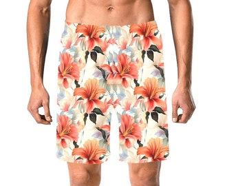 Tropikalne męskie kąpielówki, hawajskie kwiaty, kwiatowe, średniej długości szorty, plażowy strój kąpielowy, męskie tylne kieszenie, podszewka z siateczki, ściągacz, kostium kąpielowy