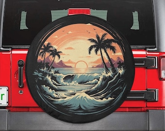 May include: A red Jeep Wrangler with a spare tire that has a beach scene design. The design features a sunset, palm trees, and waves. The spare tire cover is black with a white rim.