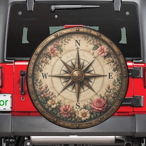 Flower Boho Compass Rose Spare Tire Wheel Cover, Vintage Floral Navigation Bohemian Back Up Camera Hole Rear Back RV Car Camper Motorhome