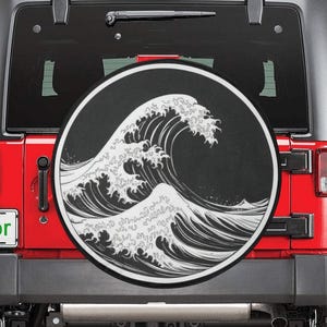 Japanese Wave Spare Tire Cover, Beach Surf Backup Camera Hole Wheel Car Accessories Unique Design Back Aesthetic Rear Men Women Trailer Rv