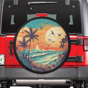 Beach Spare Tire Cover, Sunset Backup Camera Hole Rear Wheel Accessories Sun Tropical Palm Trees Custom Unique Design Trailer Camper RV Back