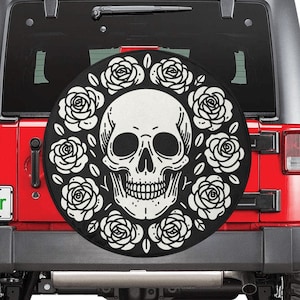 Skull Roses Spare Tire Cover, Skeleton Backup Camera Hole Rear Wheel Accessories Unique Design Trailer Camper RV Back Men Women Protector
