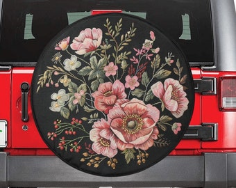Pink Flowers Spare Tire Cover, Faux Embroidery Printed Floral Rear Wheel Accessories Unique Camper Backup Camera Hole Trailer Back Women RV