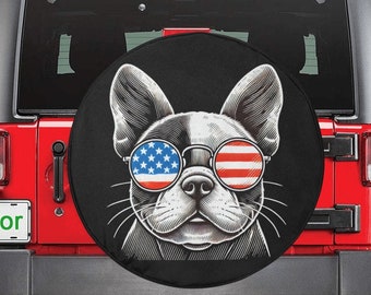 Dog American Flag Spare Tire Cover, French Bulldog Puppy Cool Backup Camera Hole Wheel Unique RV Back Cars Men Women Trailer Campers
