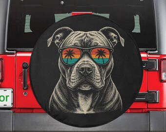 Pitbull Dog Spare Tire Cover, Sunglasses Palm Tree Beach Puppy Backup Camera Hole Wheel Unique RV Back Cars Men Women Trailer Campers Extra
