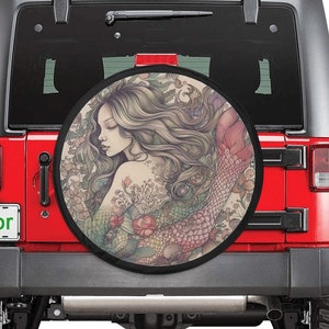 Mermaid Spare Tire Cover, Scales Tattoos Backup Camera Hole Rear Wheel Accessories Custom Unique Design Trailer Camper RV Back