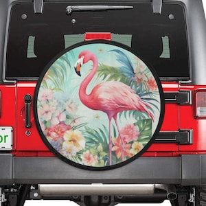Pink Flamingo Spare Tire Cover, Floral Tropical Backup Camera Hole Rear Wheel Accessories Custom Unique Design Trailer Camper RV Back
