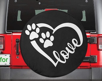 Dog Paw Heart Spare Tire Cover, Animal Pet Love Cool Backup Camera Hole Rear Extra Wheel Unique RV Back Cars Men Women Trailer Campers