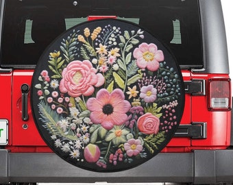 Pink Flowers Spare Tire Cover, Faux Embroidery Printed Floral Wheel Accessories Unique Design Backup Camera Hole Trailer Back Women RV Gift