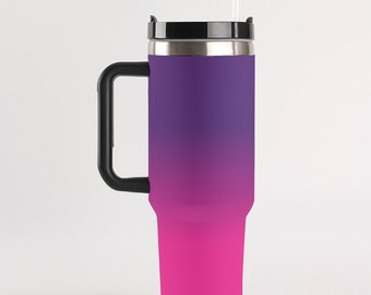 Vaso de 40 oz con asa y pajita, de acero inoxidable con efecto degradado y teñido anudado, para viaje, café, sublimación, para oficina