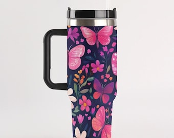 Pink Butterflies Floral 40 oz Tumbler with Handle Straw, Flowers Stainless Steel Cup Travel Mug Coffee Insulated Eco Friendly Office