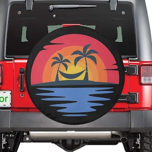 Beach Spare Tire Cover, Sunset Backup Camera Hole Rear Wheel Accessories Sun Tropical Palm Trees Custom Unique Design Trailer Camper RV Back
