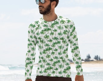 Palm Trees Männer Rash Guard, Weiß Grün Male Print Surf Langarm Schwimmen Shirt Bademode Sonnenschutz Anzug UPF 50 Abdeckung Schwimmen