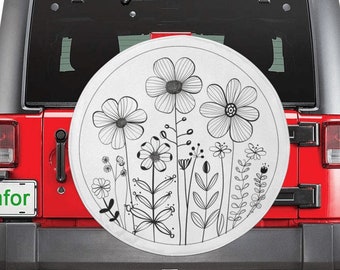 Wild Flowers Spare Tire Cover, Floral Drawing White Rear Extra Back Wheel RV Unique Design Backup Camera Hole Trailer Women Camper Motorhome