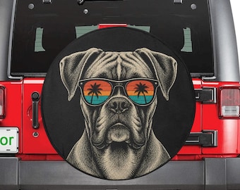 Boxer Dog Spare Tire Cover, Sunglasses Palm Tree Beach Puppy Backup Camera Hole Wheel Unique RV Back Cars Men Women Trailer Campers Extra