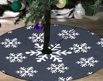 Navy Blue Christmas Tree Skirt, White Snow Flakes Vintage Stand Small Large Base Washable Cover Home Decor Farmhouse Decoration Party