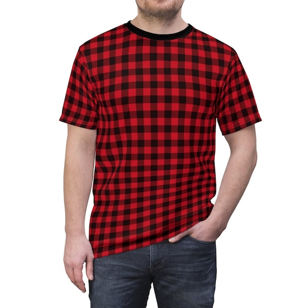 Red Buffalo Plaid Men Tshirt, Black Holiday Party Lumberjack Check Checkered Designer Christmas Crewneck Unisex Shirt