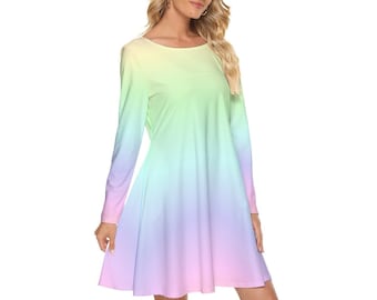pastel rainbow dress womens Women's Crew Neck Long Sleeve, Ombre Tie Dye Summer Cocktail Mini Cute Handmade Designer Dress or a daytime celebration in this vibrant swing dress Pastel Rainbow Gradient Long Sleeve