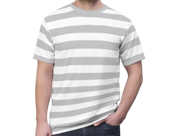Grey White Striped Men T Shirt, Vintage Horizontal Bold Gray Stripes 90s Adult Unisex Designer Crewneck Short Sleeve Tee