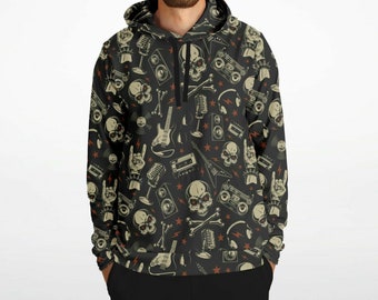Heavy Metal Hoodie, 80s Classic Rock Band Punk Music Skull Pullover Men Women Adult Graphic Hooded Sweatshirt Pockets