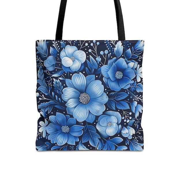 Blue Floral Tote Bag, Navy Flowers Cute Canvas Shopping Small Large Travel Reusable Aesthetic Shoulder Bag Purse