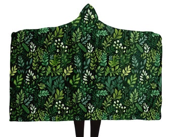 Leaf Plants Hooded Blanket, Green Nature Boho Sherpa Fleece Soft Fluffy Cozy Warm Adult Men Women Kids Large Wearable Hood Gift
