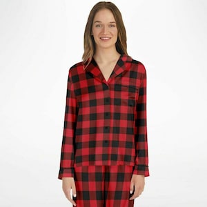Buffalo Plaid Satin Women Pajama Set, Red Black Check Christmas Long Sleeve Pants Shirt Top Soft Designer PJs Two Piece