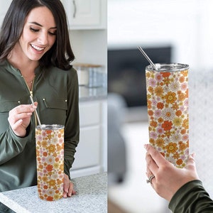 Retro Floral Tumbler 20oz Lid Straw, Flowers Orange Pink Vintage Stainless Steel Travel Mug Insulated Cup Flask Coffee Traveler Custom Women