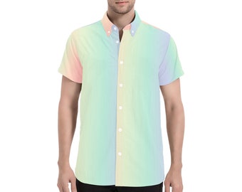 Camisa arcoíris pastel para hombre, manga corta a rayas ombre con botones, estampado verde morado, vestido informal divertido con cuello de verano abotonado de talla grande