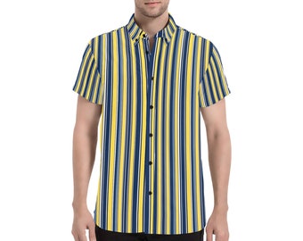 Blauw en geel heren overhemd met korte mouwen, verticale strepen vintage retro print casual zomerjurk met knopen en kraag