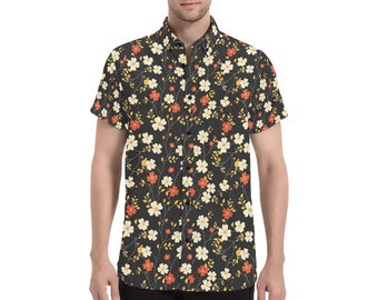 Camisa con botones de manga corta Floral negra para hombre, vestido de verano informal con estampado de flores Cottagecore, camisa con cuello para hombre