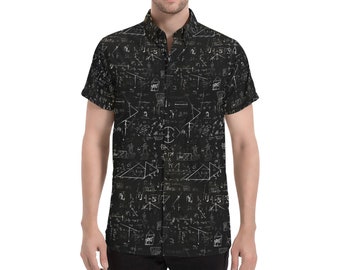Math Science Short Sleeve Men Button Down Shirt, Geek Geometry Mathematics Nerdy Formulas Print Casual Buttoned Up Summer Collared Dress