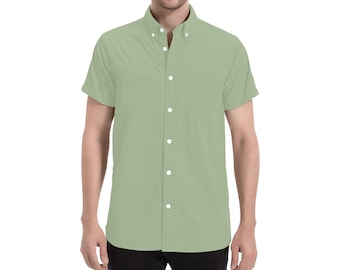 Sage Green Short Sleeve Men Button Down Shirt, Olive Solid Color Print Casual Buttoned Summer Dress Collared Plus Size