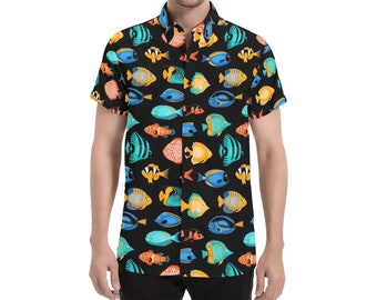 Tropical Fish Short Sleeve Men Button Up Shirt, Exotic Fishing Colorful Print Casual Buttoned Down Summer Casual Dress Plus Size Collared