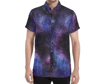 Galaxy Short Sleeve Men Button Down Shirt, Purple Outer Space Universe Astronomy Print Casual Buttoned Up Summer Collared Dress Plus Size