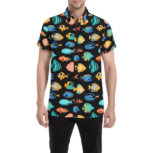 Camisa abotonada de manga corta para hombre con peces tropicales, estampado colorido de pesca exótica, vestido informal abotonado de verano, vestido informal de talla grande con cuello