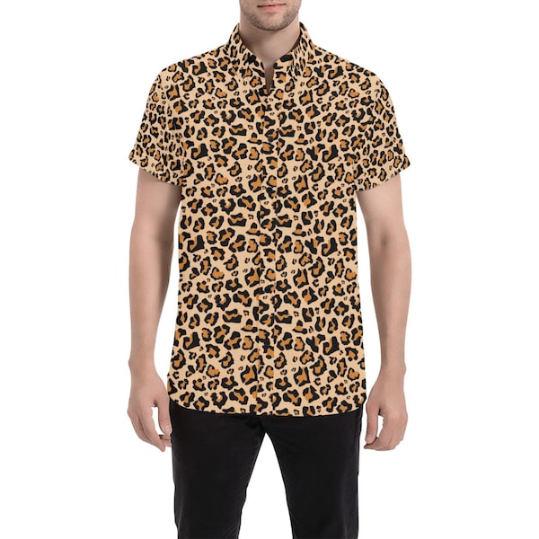 Leopard Short Sleeve Men Button Up Shirt, Animal Cheetah Print Casual Buttoned Down Summer Dress Shirt Gift Collared