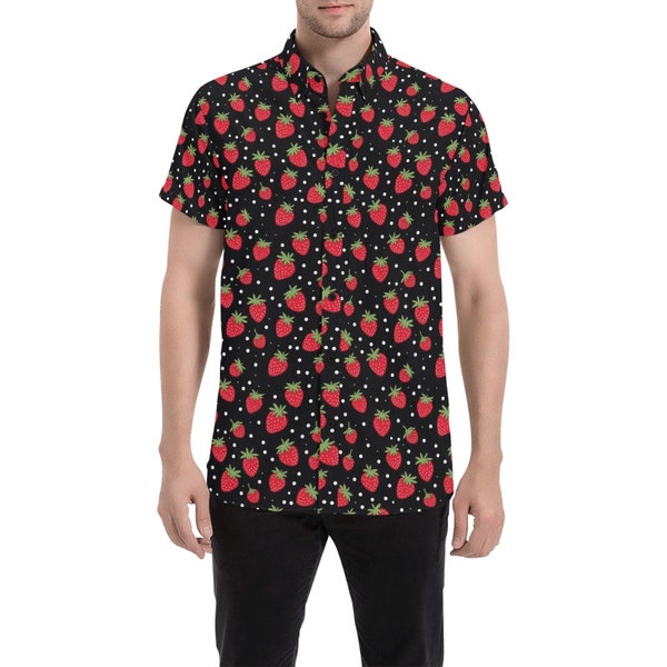 Strawberry Print Men Button Down Shirt, Short Sleeve Up Red Fruit Black Casual Buttoned Down Guys Summer Dress Shirt Plus Size Collared